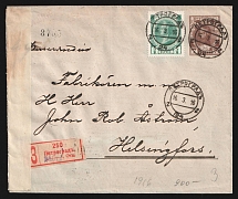 1916 Helsinki (Helsingfors) Censorship, WWI Censored registered cover from Petrograd to Helsinki with violet letters censor handstamp 'Viewed by military censor of Helsingfors'